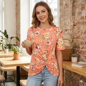 Tiana B Top Womens 1X Coral Pink NWT Floral Twist Front Short Sleeve Stretch